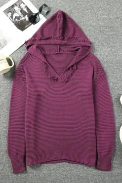 Fashion Dear-Lover V Neck Ribbed Drop Shoulder Hooded Sweater Fiery Red