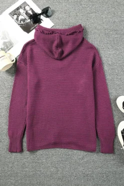 Fashion Dear-Lover V Neck Ribbed Drop Shoulder Hooded Sweater Fiery Red