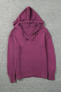 Fashion Dear-Lover V Neck Ribbed Drop Shoulder Hooded Sweater Fiery Red