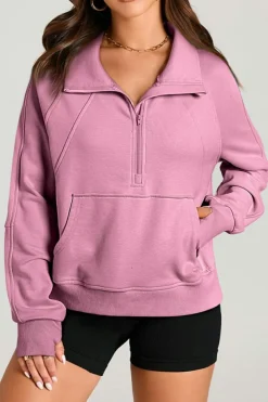 Online Dear-Lover Quarter Zip Stand Neck Kangaroo Pocket Sweatshirt Valerian