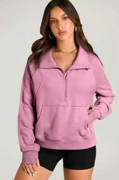 Online Dear-Lover Quarter Zip Stand Neck Kangaroo Pocket Sweatshirt Valerian