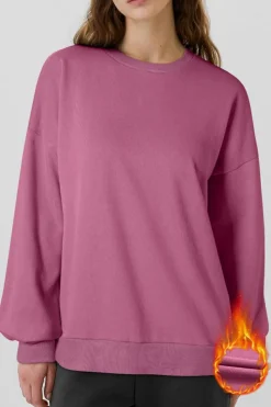 Clearance Dear-Lover Solid Fleece Lined Drop Shoulder High Low Sweatshirt Valerian