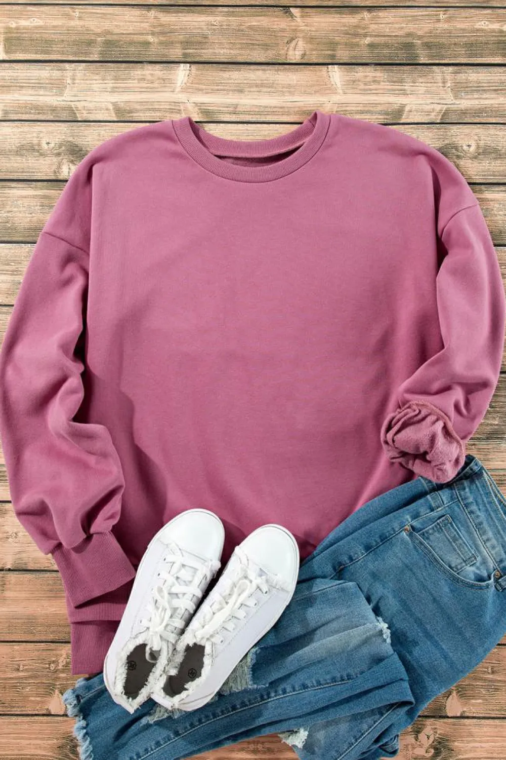 Clearance Dear-Lover Solid Fleece Lined Drop Shoulder High Low Sweatshirt Valerian