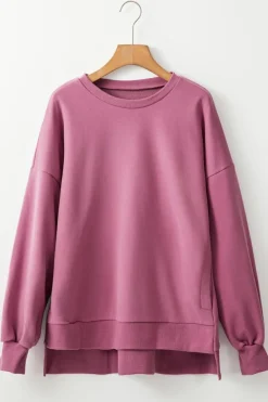 Clearance Dear-Lover Solid Fleece Lined Drop Shoulder High Low Sweatshirt Valerian