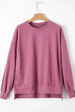 Clearance Dear-Lover Solid Fleece Lined Drop Shoulder High Low Sweatshirt Valerian