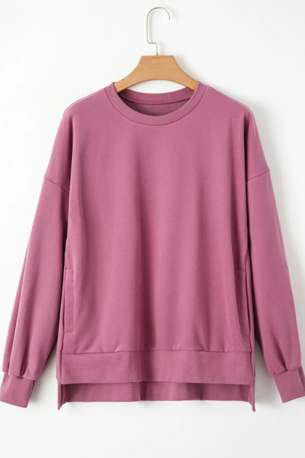 Clearance Dear-Lover Solid Fleece Lined Drop Shoulder High Low Sweatshirt Valerian