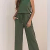 Clearance Dear-Lover Buttoned Drawstring Waist Sleeveless Wide Leg Jumpsuit Vineyard Green
