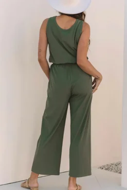 Clearance Dear-Lover Buttoned Drawstring Waist Sleeveless Wide Leg Jumpsuit Vineyard Green