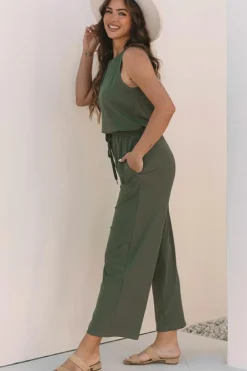 Clearance Dear-Lover Buttoned Drawstring Waist Sleeveless Wide Leg Jumpsuit Vineyard Green