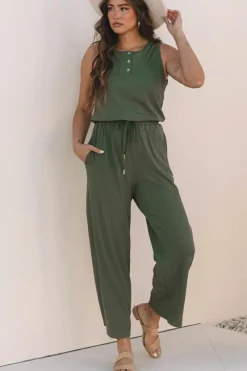 Clearance Dear-Lover Buttoned Drawstring Waist Sleeveless Wide Leg Jumpsuit Vineyard Green