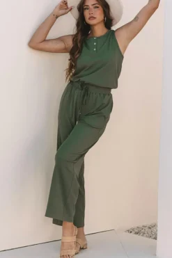 Clearance Dear-Lover Buttoned Drawstring Waist Sleeveless Wide Leg Jumpsuit Vineyard Green