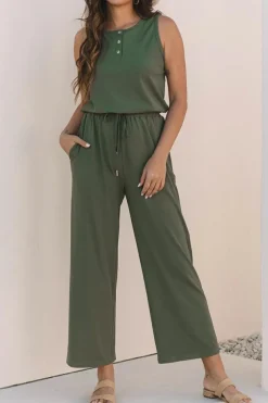 Clearance Dear-Lover Buttoned Drawstring Waist Sleeveless Wide Leg Jumpsuit Vineyard Green