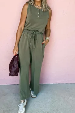 Clearance Dear-Lover Buttoned Drawstring Waist Sleeveless Wide Leg Jumpsuit Vineyard Green