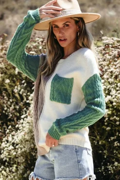 Sale Dear-Lover Colorblock Patched Pocket Drop Shoulder Sweater Vineyard Green