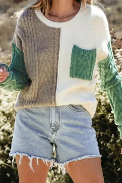 Sale Dear-Lover Colorblock Patched Pocket Drop Shoulder Sweater Vineyard Green