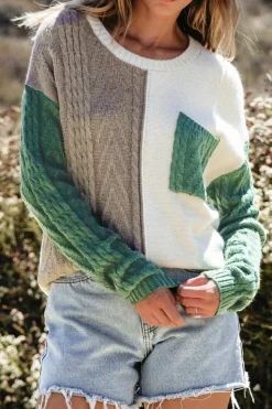 Sale Dear-Lover Colorblock Patched Pocket Drop Shoulder Sweater Vineyard Green