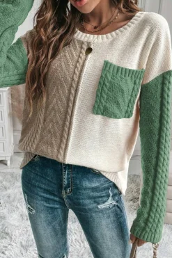Sale Dear-Lover Colorblock Patched Pocket Drop Shoulder Sweater Vineyard Green