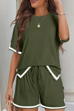 Online Dear-Lover Contrast Trim Tee and Shorts Set Vineyard Green