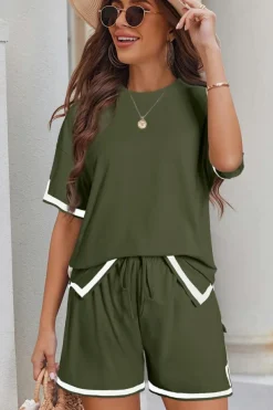 Online Dear-Lover Contrast Trim Tee and Shorts Set Vineyard Green