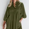 Clearance Dear-Lover Corduroy Snap Buttons Empire Waist Bracelet Sleeve Dress Vineyard Green