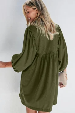 Clearance Dear-Lover Corduroy Snap Buttons Empire Waist Bracelet Sleeve Dress Vineyard Green