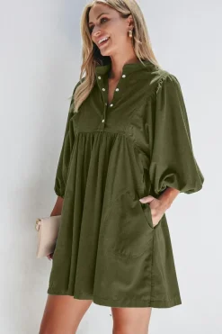 Clearance Dear-Lover Corduroy Snap Buttons Empire Waist Bracelet Sleeve Dress Vineyard Green