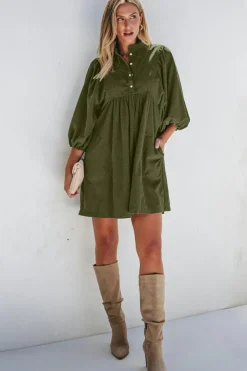 Clearance Dear-Lover Corduroy Snap Buttons Empire Waist Bracelet Sleeve Dress Vineyard Green