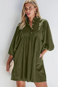 Clearance Dear-Lover Corduroy Snap Buttons Empire Waist Bracelet Sleeve Dress Vineyard Green