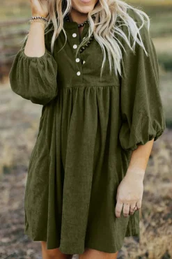 Clearance Dear-Lover Corduroy Snap Buttons Empire Waist Bracelet Sleeve Dress Vineyard Green