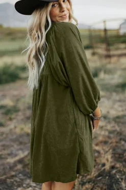 Clearance Dear-Lover Corduroy Snap Buttons Empire Waist Bracelet Sleeve Dress Vineyard Green