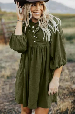 Clearance Dear-Lover Corduroy Snap Buttons Empire Waist Bracelet Sleeve Dress Vineyard Green