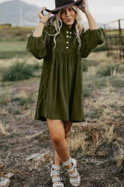 Clearance Dear-Lover Corduroy Snap Buttons Empire Waist Bracelet Sleeve Dress Vineyard Green