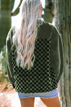 Discount Dear-Lover Fleece Checkerboard Flap Pocket Snap Button Jacket Vineyard Green