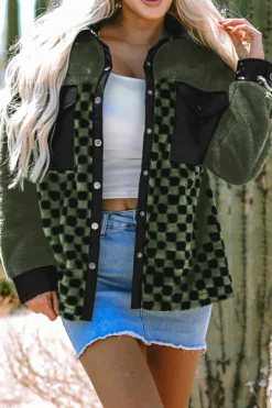 Discount Dear-Lover Fleece Checkerboard Flap Pocket Snap Button Jacket Vineyard Green