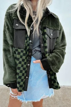 Discount Dear-Lover Fleece Checkerboard Flap Pocket Snap Button Jacket Vineyard Green