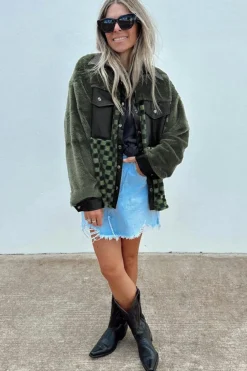 Discount Dear-Lover Fleece Checkerboard Flap Pocket Snap Button Jacket Vineyard Green