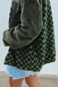 Discount Dear-Lover Fleece Checkerboard Flap Pocket Snap Button Jacket Vineyard Green