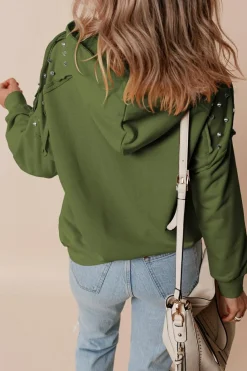 Best Dear-Lover Solid Color Rivet Stud Raglan Sleeve Hoodie with Pocket Vineyard Green