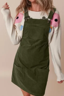Fashion Dear-Lover Solid Front Pockets Sleeveless Corduroy Overall Dress Vineyard Green
