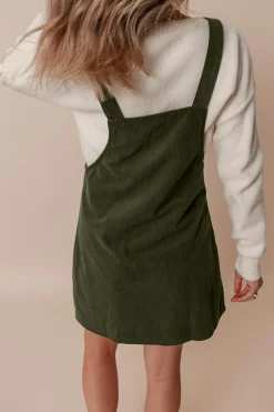 Fashion Dear-Lover Solid Front Pockets Sleeveless Corduroy Overall Dress Vineyard Green