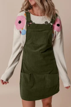 Fashion Dear-Lover Solid Front Pockets Sleeveless Corduroy Overall Dress Vineyard Green