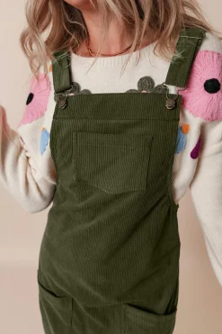 Fashion Dear-Lover Solid Front Pockets Sleeveless Corduroy Overall Dress Vineyard Green