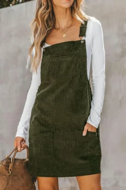 Fashion Dear-Lover Solid Front Pockets Sleeveless Corduroy Overall Dress Vineyard Green