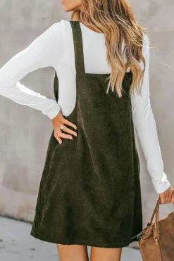 Fashion Dear-Lover Solid Front Pockets Sleeveless Corduroy Overall Dress Vineyard Green