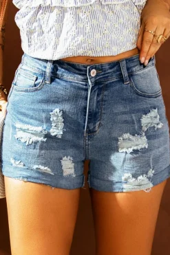 Online Dear-Lover Vintage Faded and Distressed Denim Shorts Sky Blue