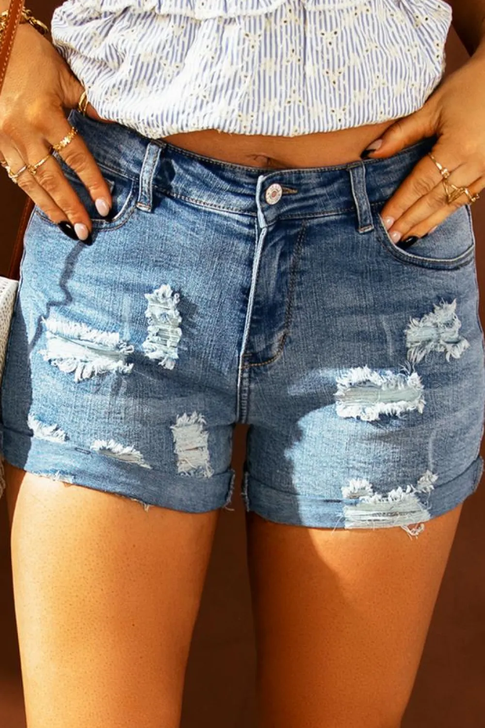 Online Dear-Lover Vintage Faded and Distressed Denim Shorts Sky Blue