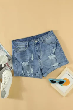 Online Dear-Lover Vintage Faded and Distressed Denim Shorts Sky Blue
