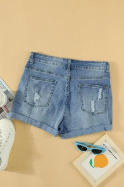 Online Dear-Lover Vintage Faded and Distressed Denim Shorts Sky Blue