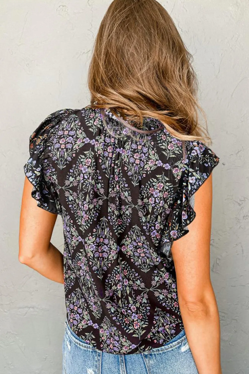 Outlet Dear-Lover Vintage Floral Ruffle Sleeve V Neck Blouse Black