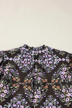 Outlet Dear-Lover Vintage Floral Ruffle Sleeve V Neck Blouse Black